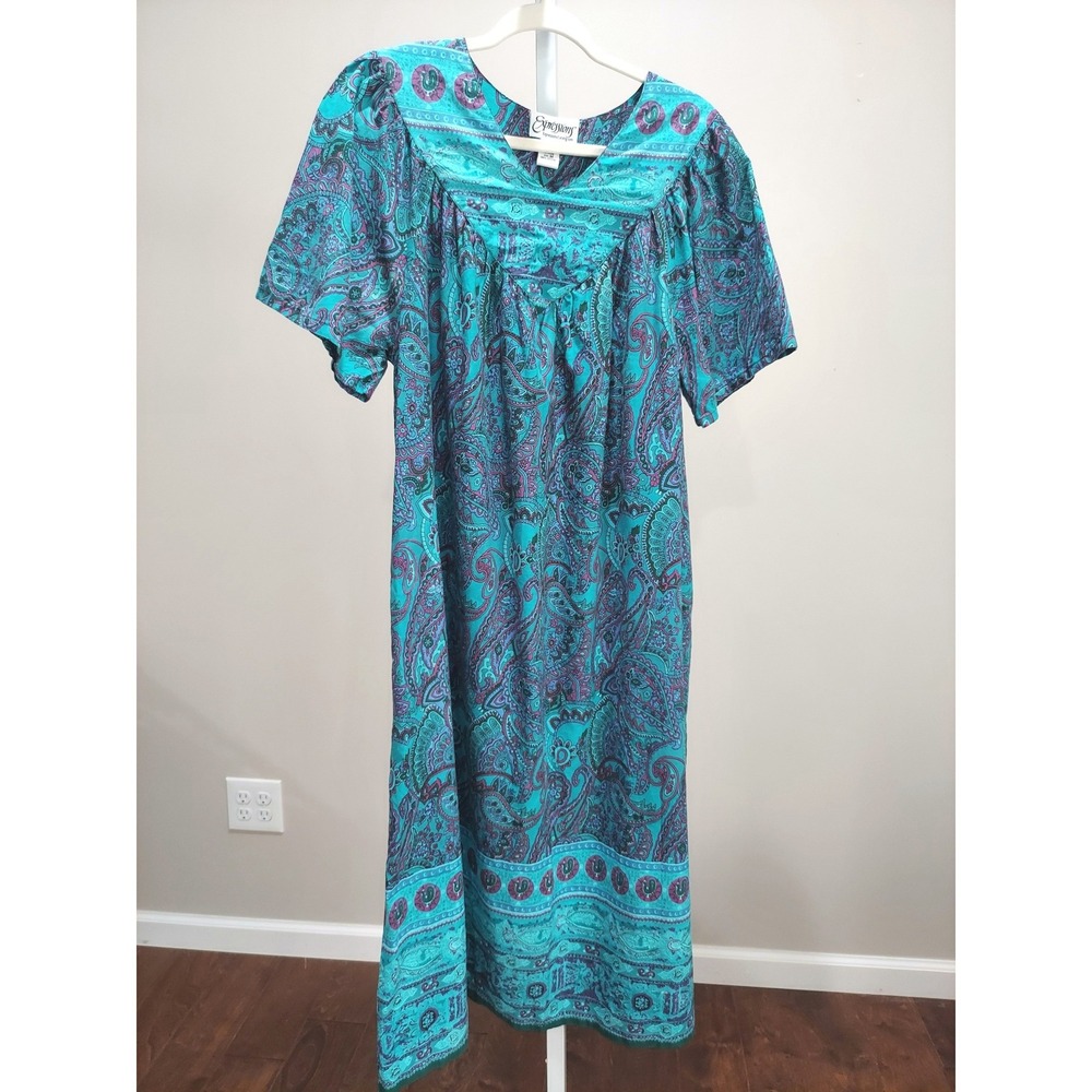 Vintage Teal Purple Paisley Cotton Muumuu House Dress Pockets M Bohemian